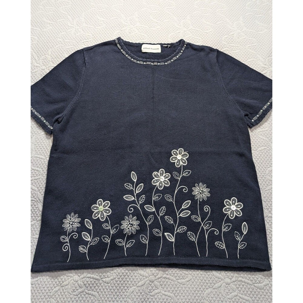 Alfred Dunner Sweater Womens Medium (?) Blue Embroidered Floral Boxy **FLAWED**